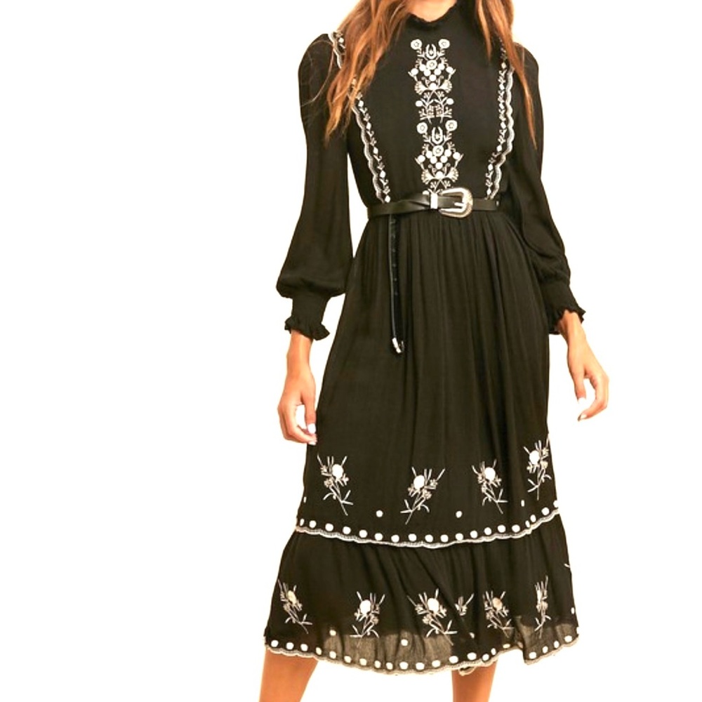NWT In Loom embroidered Sz S folklore black mock neck midi dress lined